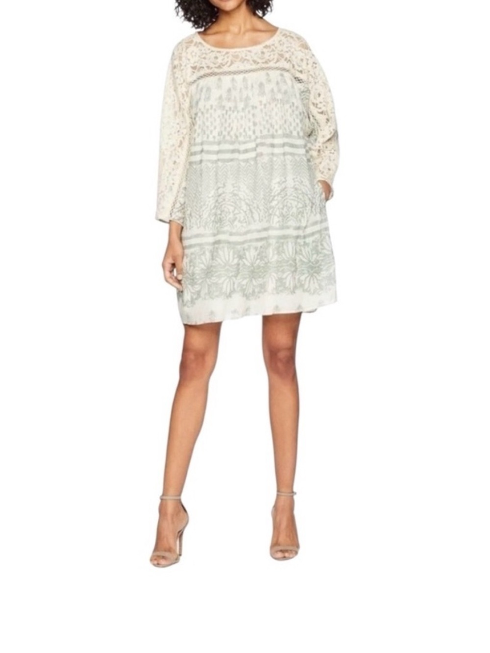 Free People Sun Daze NWT Sage Ivory Lace Panel Shift Printed Lined Tunic Dress S - Picture 7 of 8